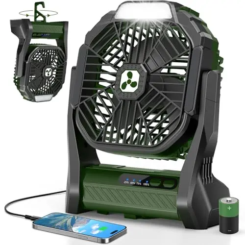 PDBEST Tragbarer Batteriev entilator mit 20000mAh, kabellos, wiederaufladbar, mit LED-Laterne, USB-C, ideal für Reisen und Camping