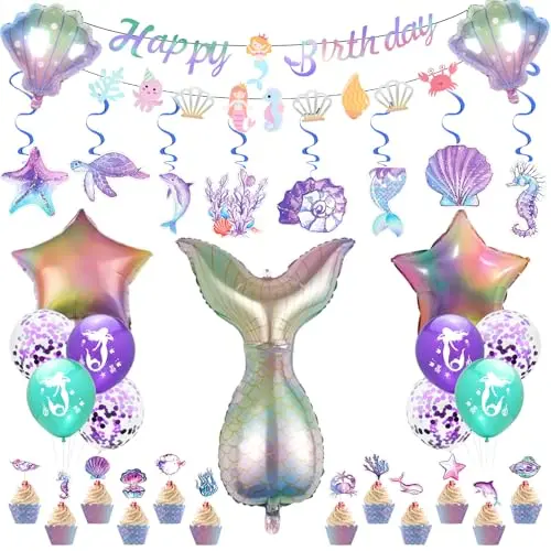 Meerjungfrau Geburtstag Deko - Party Set mit Ballon, Banner und Cake Topper