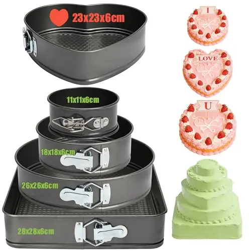 MOPUBZO 5-teiliges Springform Set Ø 28/26/24/18/11 cm – Runde, Quadratische und Herzförmige Backformen