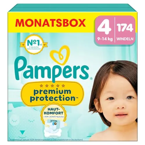Pampers Premium Protection Größe 4, 174 Windeln, für 9kg-14kg, doppelter Hautschutz