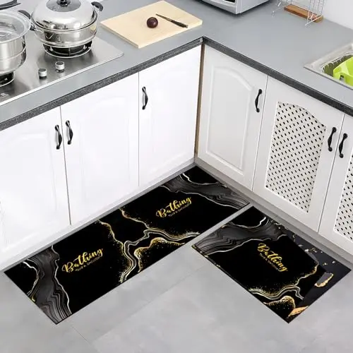 Nivofu Küchenmatten 2er Set (40x120 + 40x60 cm) Waschbar und rutschfest, Schwarz-Gold für Küche und Zuhause