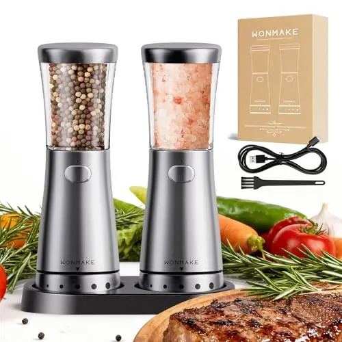 WONMAKE Elektrische Salz- und Pfeffermühlen 2er Set, USB Wiederaufladbar, Verstellbare Grobheit, Ideal für die Küche