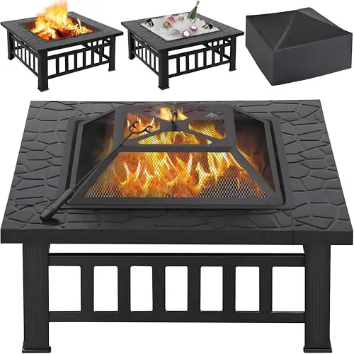 Yaheetech Feuerschale mit Funkenschutz - 3-in-1 Feuerstelle für Garten, Terrasse und Camping, Schwarz