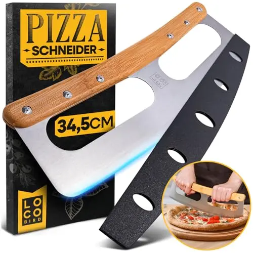Loco Bird Pizzaschneider 34,5 cm - Edelstahl-Messer mit Bambusgriff und Klingenschutz