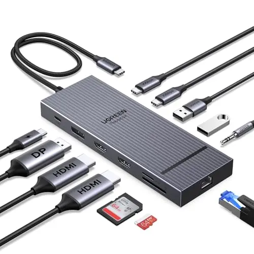 UGREEN Revodok Pro 3121 Triple Display Dock - 2x HDMI, DisplayPort, USB-C, USB-A, SD/TF, LAN, Audio, 100W PD - Kompatibel mit ThinkPad & HP Envy