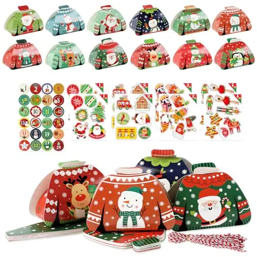 FEMONGY Adventskalender zum Befüllen, 24 Papierboxen mit Zahlenaufklebern und Hängeetiketten, Dekorationsset