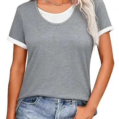 Crewhpo Damen T-Shirt Sommer Basic Grau mit Rundhalsausschnitt und Farbblockmuster