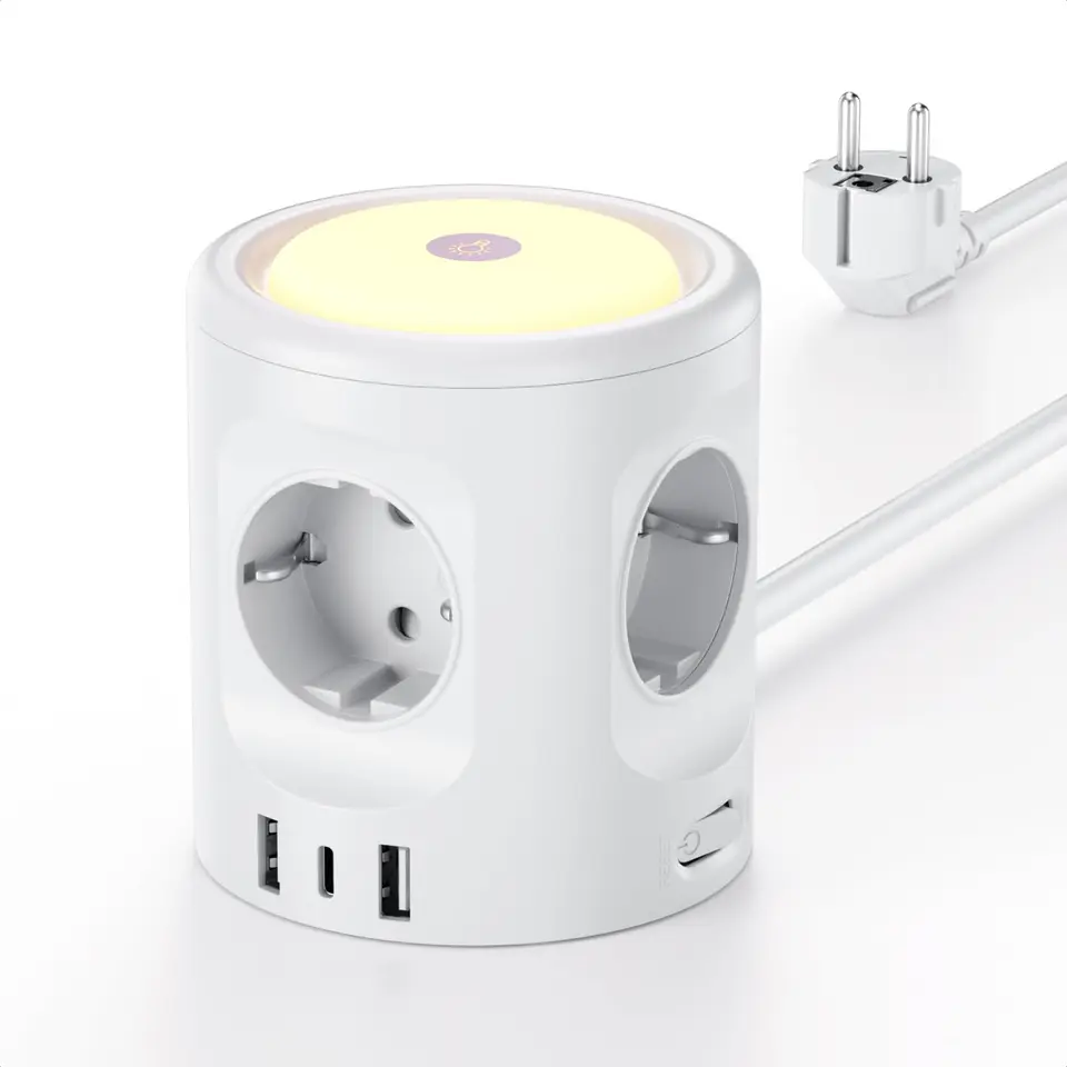 7 in 1 Steckdosenwürfel mit 3 USB, 3680W, mit Schalter, 4 Fach, Überspannungsschutz, 2M Kabel – Weiß
