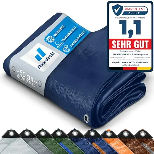 Floordirekt Abdeckplane, Wasserdichte Gewebeplane, Schutzplane, Bootsplane, Camping & Outdoor, Blau, 4x6m, 24m²