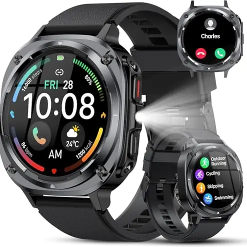 TIMU Smartwatch Herren, 1.45" AMOLED Smart Watch Herren mit Anrufe tätigen/Empfangen, 115+Sportmodi Fitnessuhr mit Herzfrequenz/Schrittzähler/Schlafmonitor, IP68 Wasserdicht Sportuhr für Android iOS