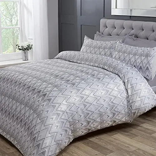 Sleepdown Zickzack-Bettbezug-Set, Hellgrau/Weiß, Doppelbett (200 x 200 cm), mit Kissenbezügen