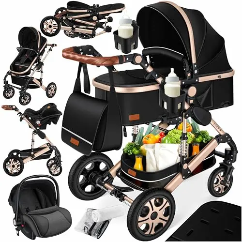 KESSER® 4 in 1 Kombikinderwagen Set mit Babywanne, Buggy, Babyschale, Wickeltasche & Regenschutz, Schwarz/Champagne