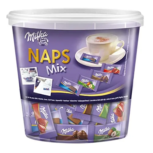 Milka Naps Mix 1kg - Mini-Schokoladentäfelchen aus Alpenmilch in den Sorten Erdbeer, Haselnuss und Crème au Cacao