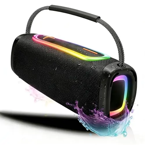 Tragbarer Bluetooth Lautsprecher, wasserdicht IPX7, 20h Akku, 30W Stereo Sound mit Bass Boost und RGB Licht für Outdoor und Parties