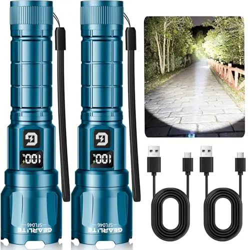 GEARLITE Taschenlampe LED, 6000L, 3 Lichtmodi, aufladbar, IP65 wasserdicht, mit LCD, für Camping & Angeln (Blau)