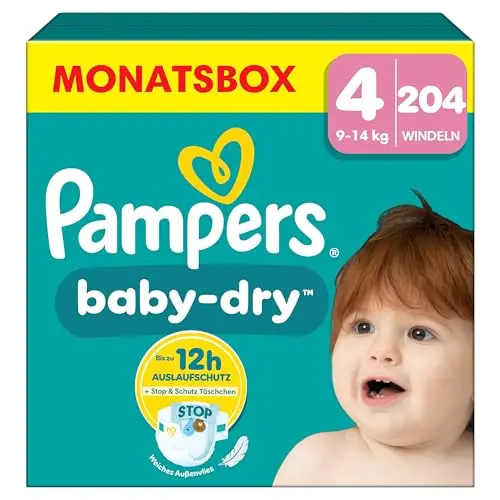 Pampers Baby-Dry Größe 4, 204 Windeln für 9-14 kg, Auslaufschutz & Komfort für die Nacht