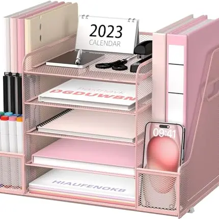 SUPTIDY Rosa Schreibtisch Organizer mit 5-Fächern und Schublade für Bürobedarf, Aktenhalter und Zeitschriftenhalter