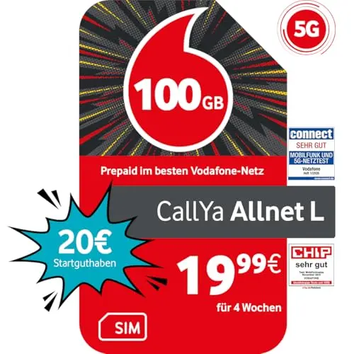 Vodafone Prepaid CallYa Allnet L mit 100 GB, 20 EUR Guthaben, ohne Vertrag, 5G, Allnet Flat und EU-Roaming