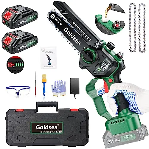 Goldsea 6-Zoll Akku-Handkettensäge mit Akku & Ladegerät, Bürstenloser Motor, Werkzeuglose Kettenspannung, Tragbar