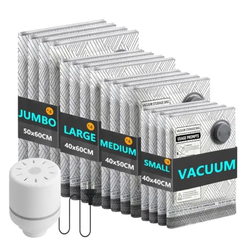 16 Vakuumbeutel für Kleidung mit Kabelpumpe, 4 Größen (40x40, 40x50, 40x60, 50x60 cm) – Platzsparende Vacuum Bags für Reise & Koffer