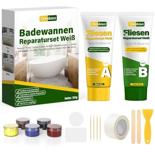 Quadence Waschbecken Reparaturset - Weißes Keramikset zur Riss- und Löcherreparatur für Waschbecken und Duschwannen