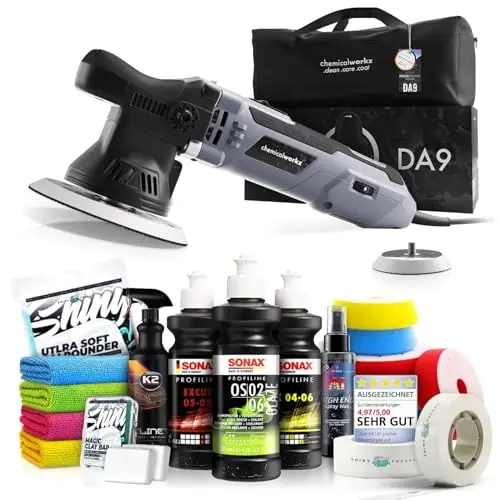 Poliermaschinen Set: DA9 Exzenter Poliermaschine mit Sonax Politur, Premium Pads und Versiegelung - 20-teilig