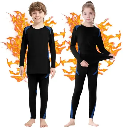 Jiuday Kinder Thermounterwäsche für Winter Sport - Atmungsaktive Funktionsunterwäsche, Langarm, Schwarz+Blau, Größe M