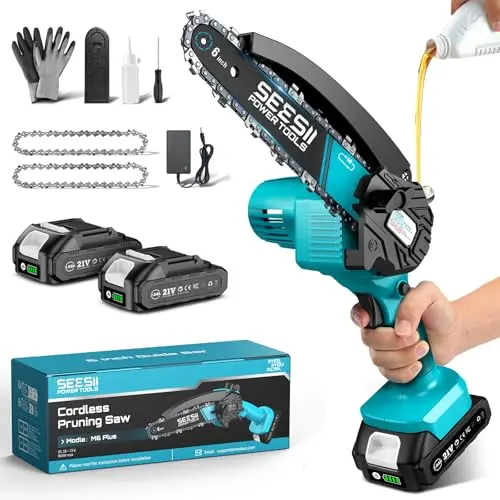Seesii Mini-Kettensäge mit Akku, 6 Zoll, kabellos, mit 2 Batterien und Schmiermittelinjektor