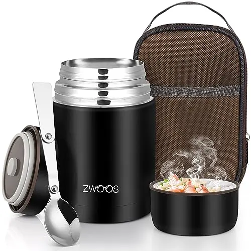 ZWOOS 800 ml Thermobehälter für Essen - Auslaufsicherer Edelstahlbehälter mit Löffel, 12 Std. heiß/kalt (Schwarz)