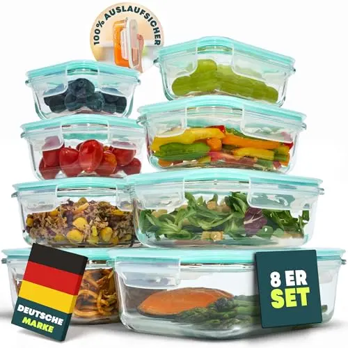uandu Glasbehälter Set 8-teilig – BPA-freie Frischhaltedosen – Mikrowellen- & Spülmaschinengeeignet