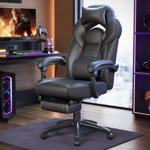 SONGMICS Ergonomischer Gaming-Stuhl mit Fußstütze & Kopfstütze, Tragkraft 150 kg, Schwarz