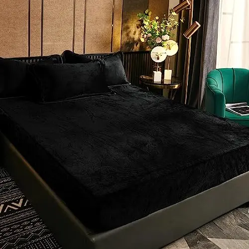 Luofanfei Winter Fleece Spannbettlaken 180x200cm Schwarz für Boxspringbetten, Warm, Kuschelig, Steghöhe 25-30cm