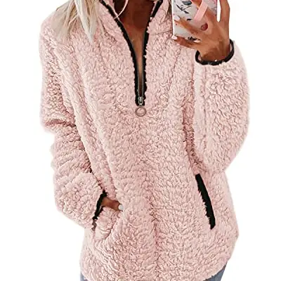 Nilimoph Damen Pullover Flauschige Kapuzenjacke Herbst Winter Warm Sweatshirt mit Taschen (Pink, S)