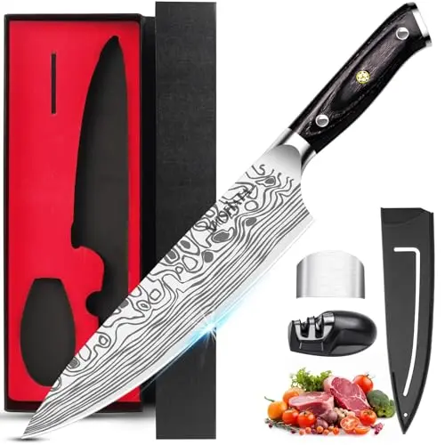 MOSFiATA Kochmesser 20CM aus deutschem Edelstahl - Ergonomisch mit Fingerschutz und Messerschärfer in Geschenkbox