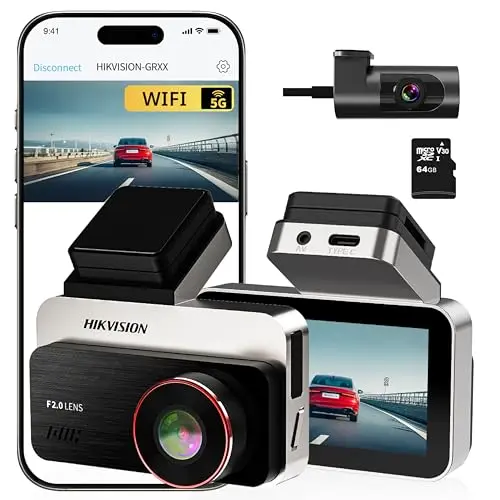 Hikvision Dashcam mit 3" IPS Bildschirm und 64GB SD Karte - Dual Kamera mit WiFi und Nachtsicht