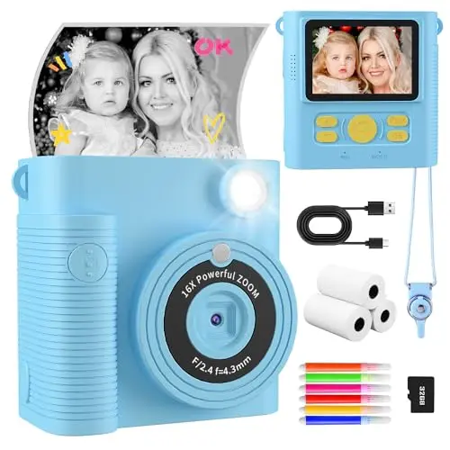 CKATE Kinder Sofortbildkamera, 1080P HD mit 2 Shutters & 32G SD Karte, Geschenk für Kinder ab 4 - Himmelblau