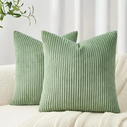 Topfinel Kissenbezüge 35x35 cm, grün, Kordsamt, 2er Set, gestreift, für Sofa & Deko