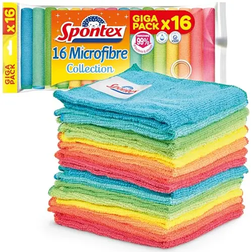 Spontex Mikrofasertücher 16 Stück – Vielseitig einsetzbar als Staub- und Küchentücher, 30 x 30 cm