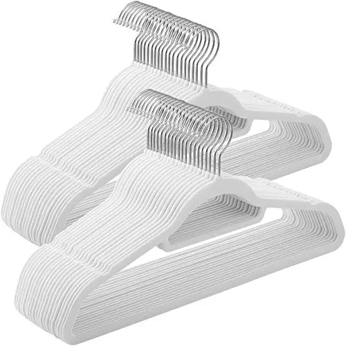 SONGMICS Samt Kleiderbügel Set, 50er, rutschfest, 360° drehbar, platzsparend, 43,5 cm lang, Silber-Weiß