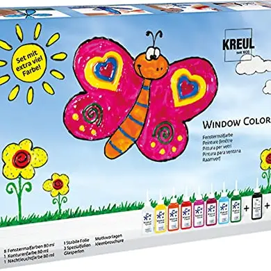 KREUL Window Color Fenstermalfarben Set, 10 Farben (80 ml), inkl. Konturenfarbe & Nachtleuchtfarbe für Kinder