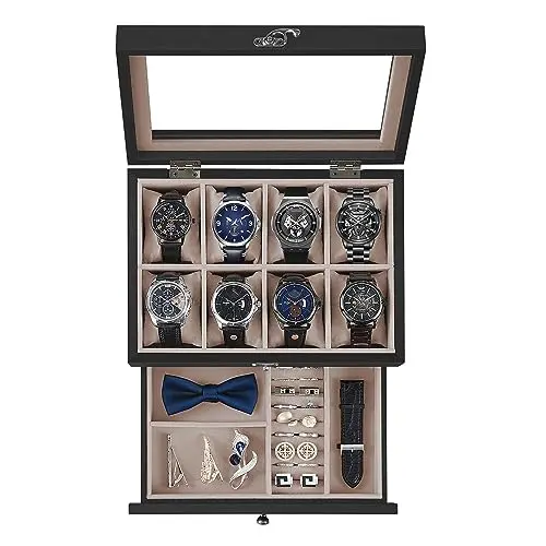 SONGMICS Uhrenbox mit 8 Fächern aus Massivholz mit Glasdeckel