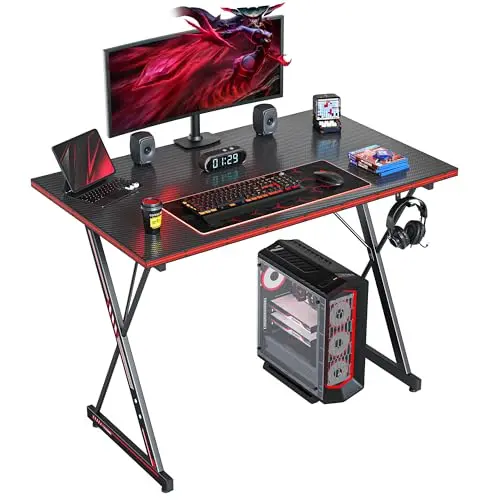 CubiCubi Gaming Tisch 80x50 cm, Ergonomischer PC Tisch mit Kopfhörerhaken, Schwarz