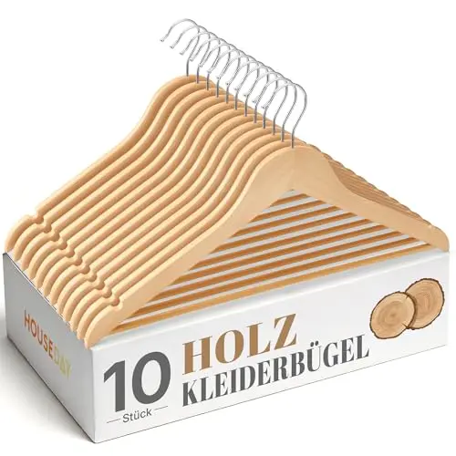 HOUSE DAY Holz-Kleiderbügel 10er Set – Stabil & Platzsparend für Hemden, Anzüge & Hosen
