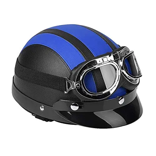Lyrlody Motorradhelm Vintage, Offenes Gesicht Halbhelm mit Sonnenblende, Leder, Blau