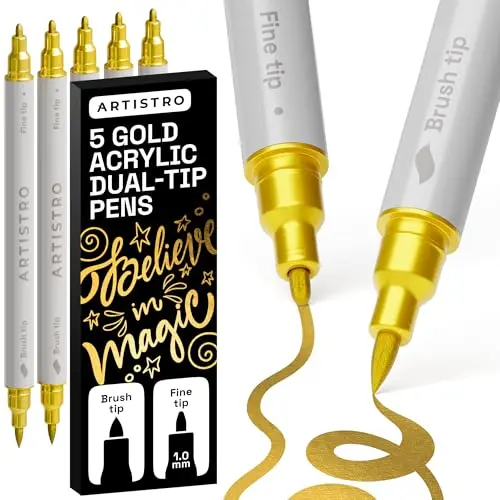 Artistro 5 Gold Acrylstifte – Dual Tip (Pinsel & Fein) für Stoff, Leinwand, Stein, Glas, Holz – Kunstset für Kinder und Jugendliche