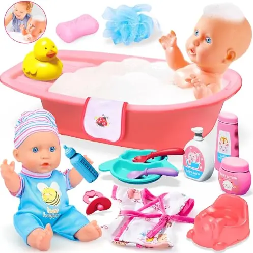 GOLMUD Babypuppen Badespielset mit Badewanne und Zubehör, Lernspielzeug für Kinder ab 3 Jahren