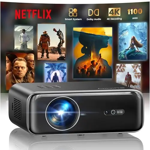 WiMiUS 4K Heimkino Beamer mit Netflix, Dolby Audio, WiFi & Bluetooth, 1100 ANSI, Autofokus, 6D Trapezkorrektur, Full HD 1080P, Outdoor & Deckenmontage