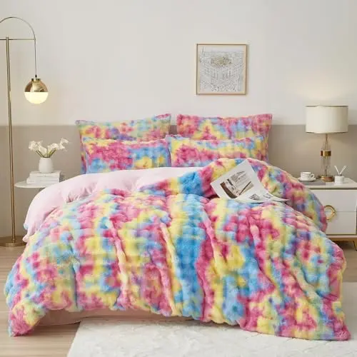 Luofanfei Winter Plüsch Bettwäsche Set 135x200 cm mit Kissenbezug 80x80 cm - Kuscheliger Flanell in Regenbogenfarben