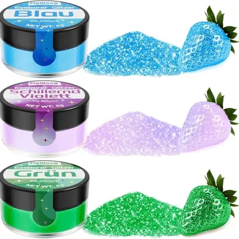 Essbares Glitzer Set - 3x4g für Getränke und Torten in Blau, Grün, Violett