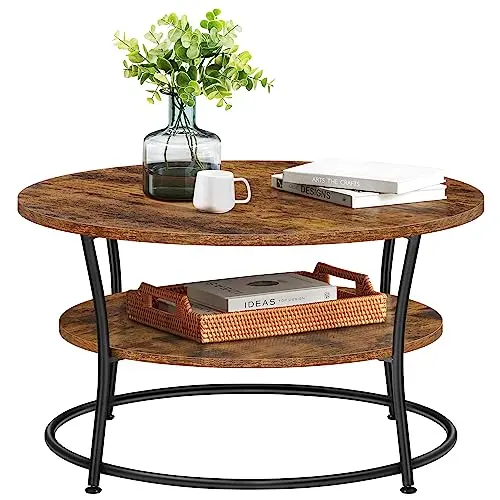 VASAGLE Couchtisch rund, Sofatisch mit Ablage, industrielles Design, vintagebraun-schwarz